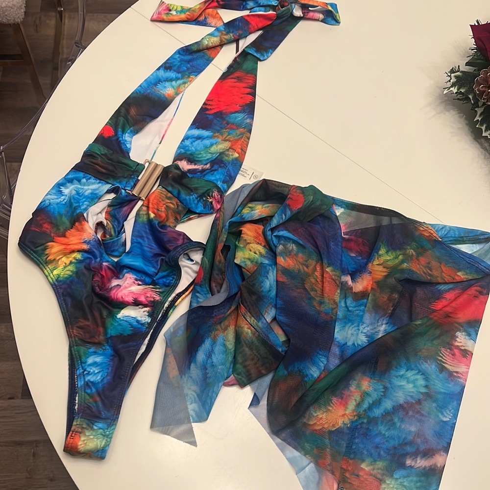 Fashion nova colorful with piece with wrap skirt cover up size S